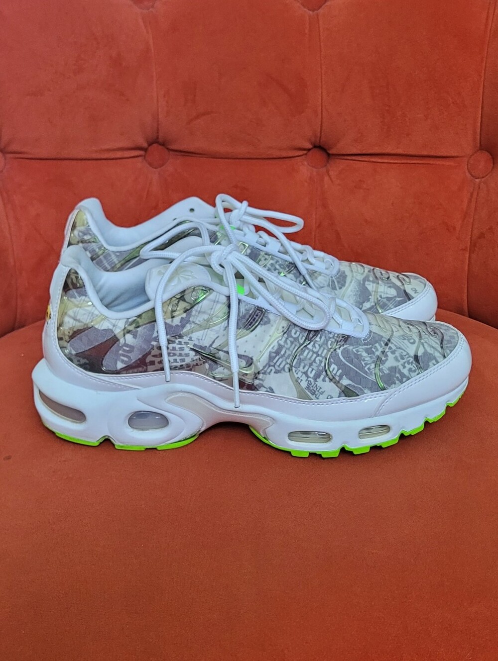 Nike Women's White Camo-Pattern Sneakers with Neon Green Outsole Accents